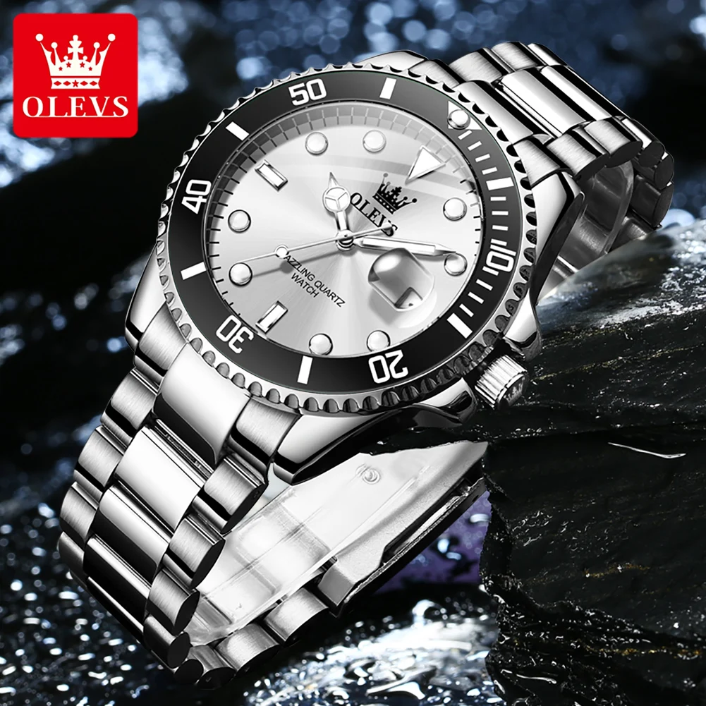 OLEVS 5885 reloj de negocios para hombres, reloj de cuarzo de buceo, reloj Original de lujo de acero inoxidable resistente al agua luminoso con fecha automática para hombres