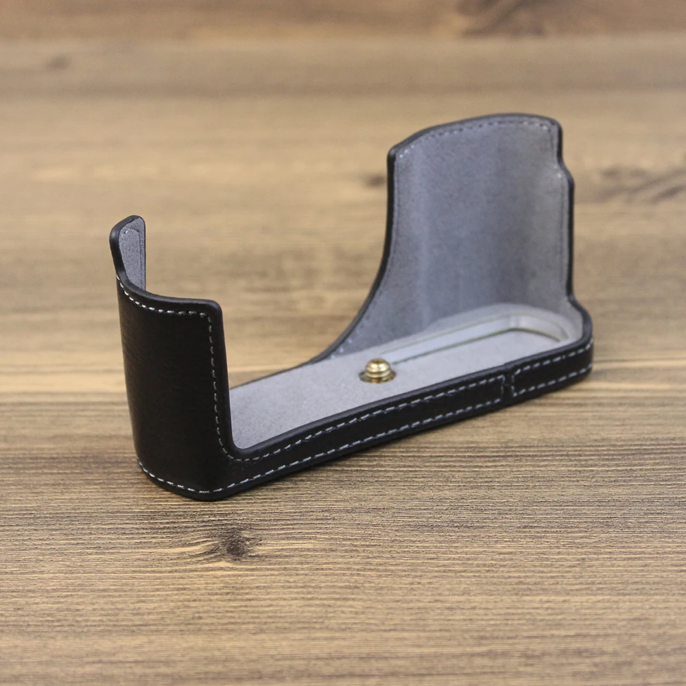 Genuíno caso de couro real saco da câmera para panasonic tz200 tz202 zs220 zs110 meio corpo base capa com abertura inferior versão