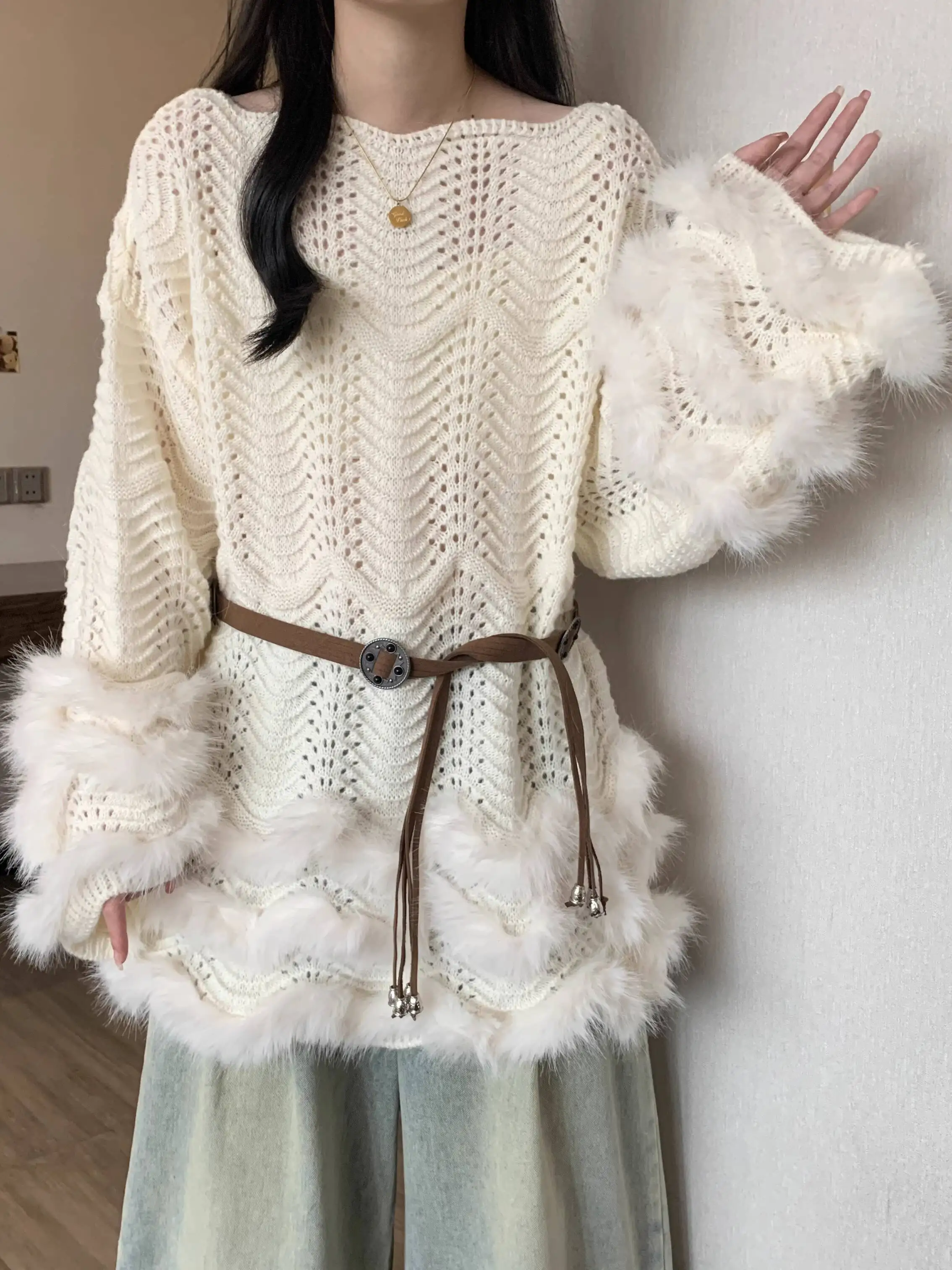 2025 Autumn Winter Women Sweater Cut Out Design Sweater Plus-Size Women's Fuzzy Long Sleeve Loose Knit Top For Curvy Bodies