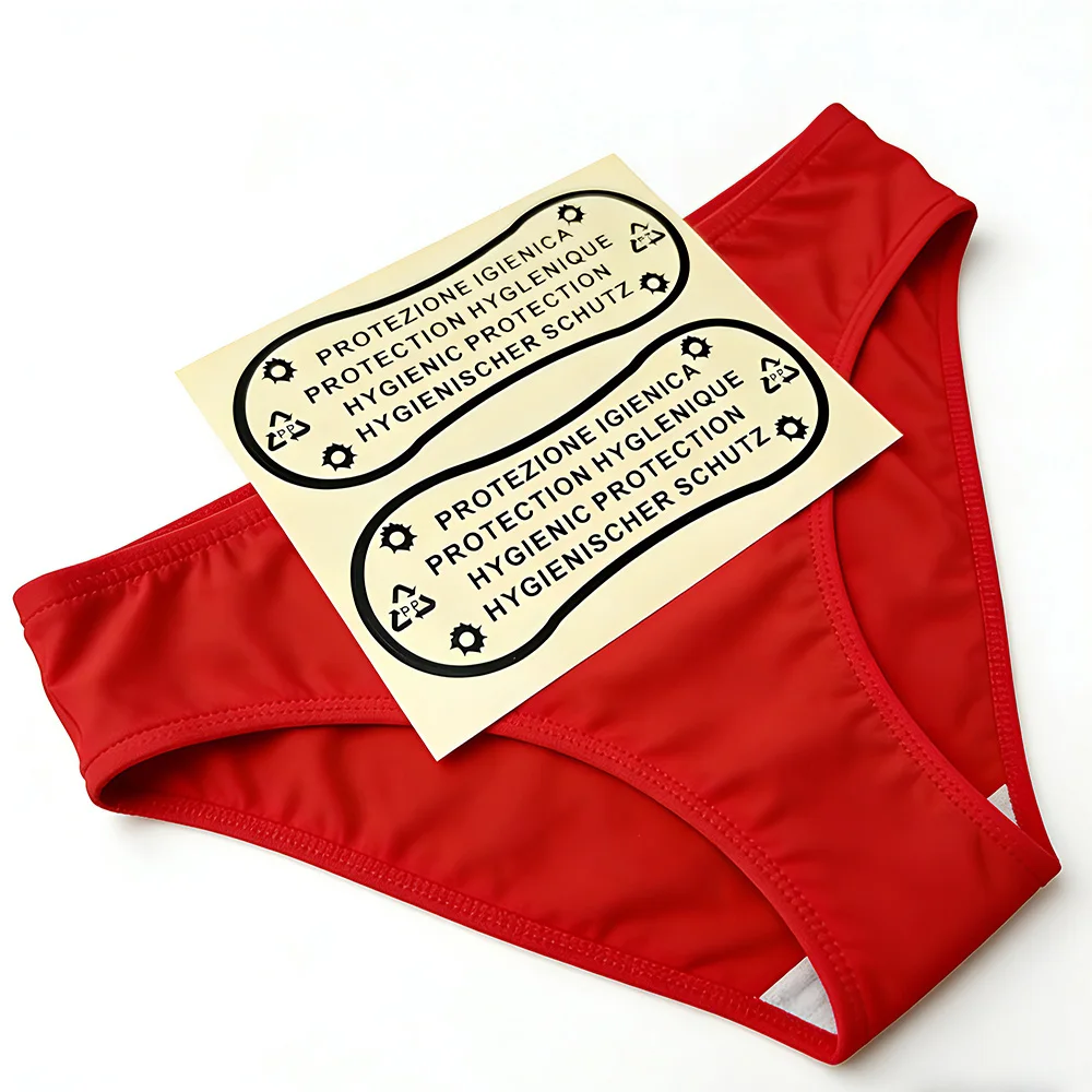 100pcs Custom Transparent Waterproof Labels for Bikini Removable Adhesive Stickers for Swimwear Beachwear Hygiene Protection