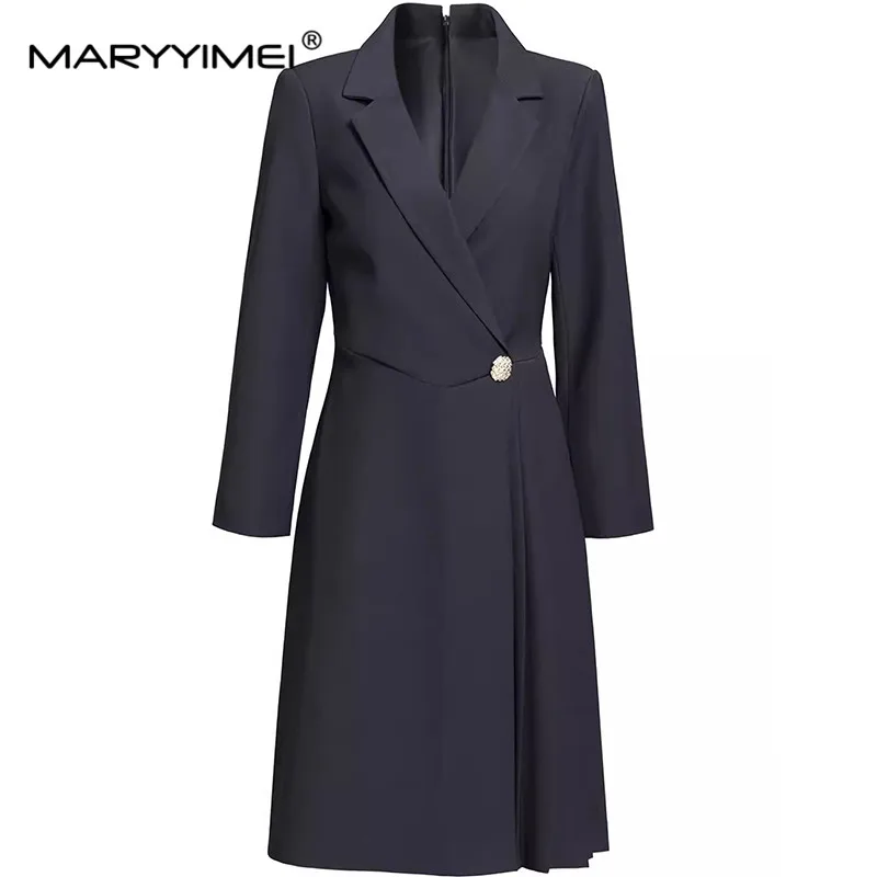 

MARYYIMEI Fashion Runway Autumn Winter Dress Women's Notched Neck Long-Sleeved Pleated Splicing Commuter Solid Color Dress