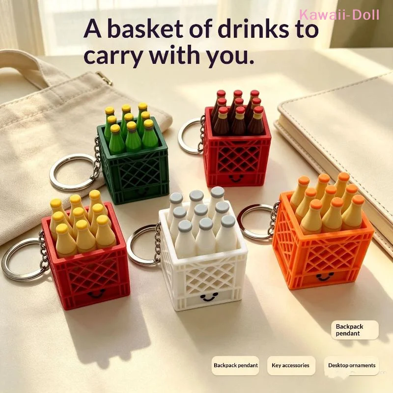 [DO]3D Printed Soda Crate Clicker Keychain Funny Plastic Drink Carrier Keyring Lifelike Novelty Squeeze Fidget Backpack Pendant