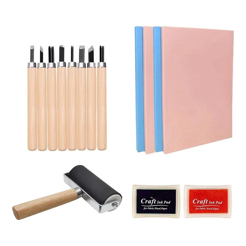 

15Pack Rubber Block Stamp Carving Blocks Soft With Cutter Tools And Rubber Brayer Roller For Printmaking And More Crafts-AT81