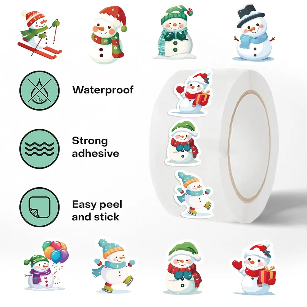500PCS/Roll Snowman Christmas Stickers DIY Scrapbook Journal Envelope Sealing Computer Phone Sticker Reward Children Gift
