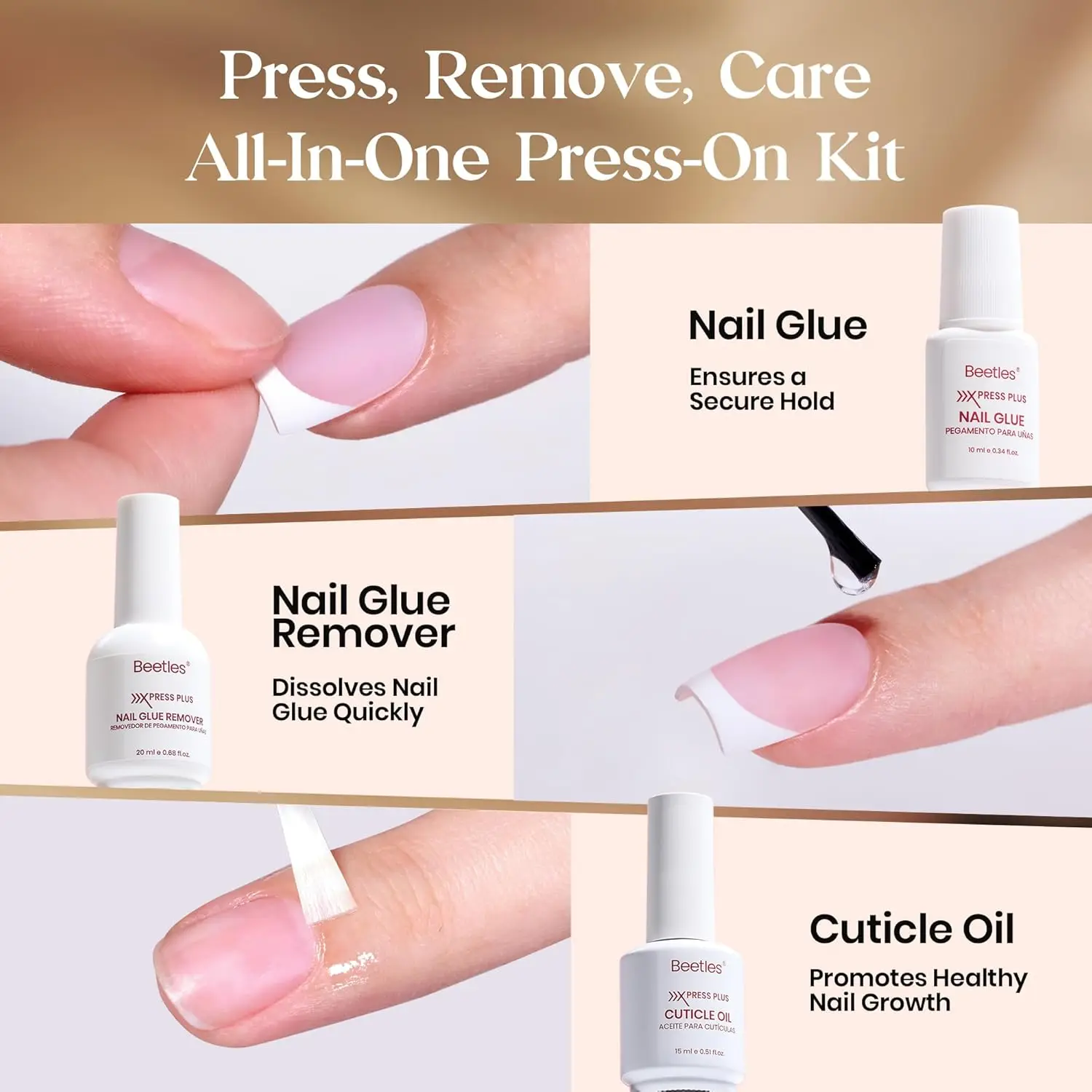 Kit de unhas Press-On Mocha French Tip - 7 cores, quadrado curto, tudo em um com cola e lâmpada