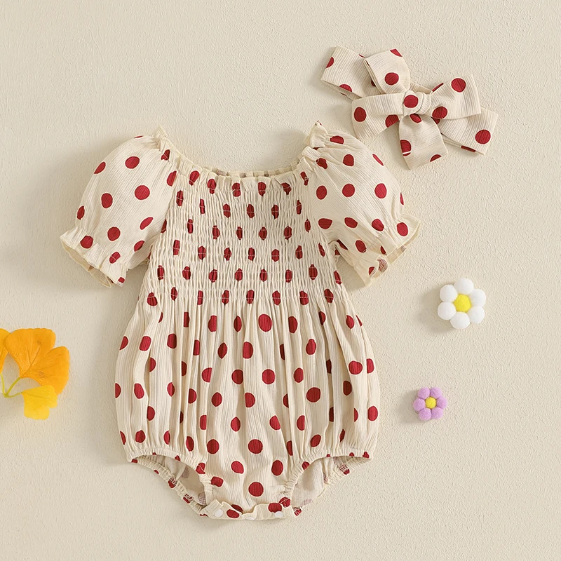 

0-18Months Infant Newborn Baby Girls Summer Sweet Romper Short Sleeve Off Shoulder Dot Print Jumpsuit with Headband Clothes