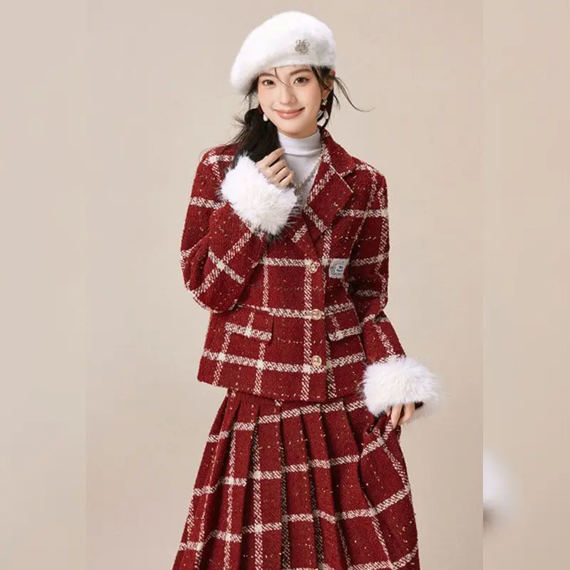 French Retro Christmas Small Fragrant Coat Foreign Style Long Dress Short Red Winter New Woolen Plaid Suit Skirt