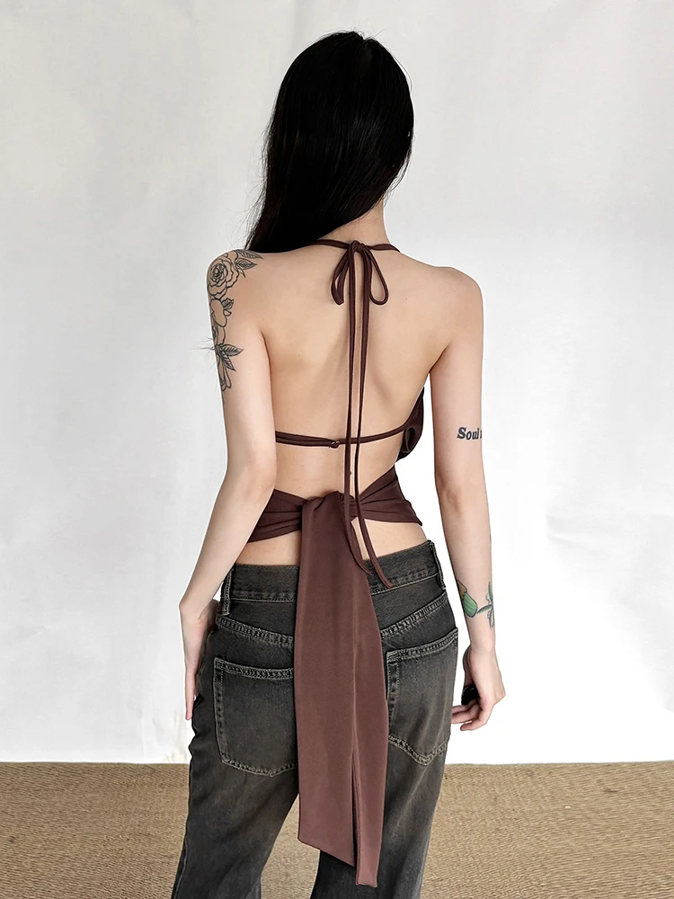 Sisterlinda Metal Hollow Halter Vest Women Sexy Hottie Backless Swing Collar Sleeveless Trend High Street Style Party Clubwear
