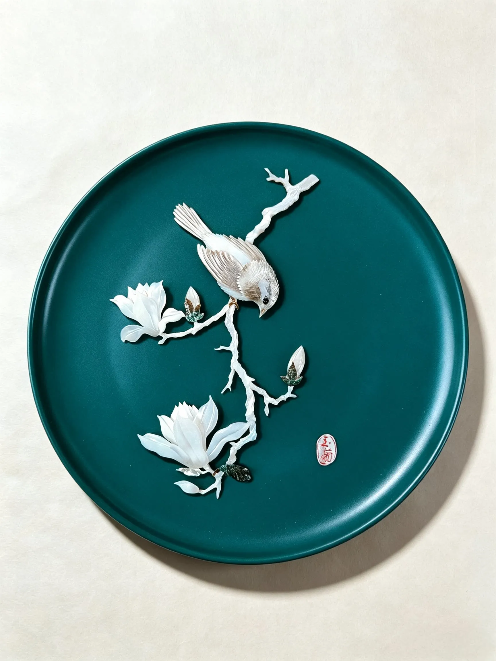 Magnolia Shell‑Carved Decorative Plate, Handmade Chinese Art Ornament for Home Display