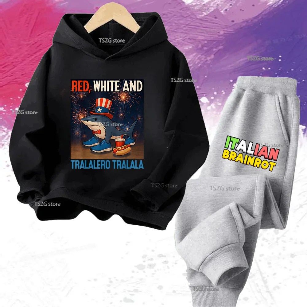 الأطفال الإيطالية Brainrot الحيوان متعة طباعة الاطفال هوديي السراويل دعوى 2 قطعة مجموعة البلوز الخريف موضة بنين بنات مقنعين Pullove