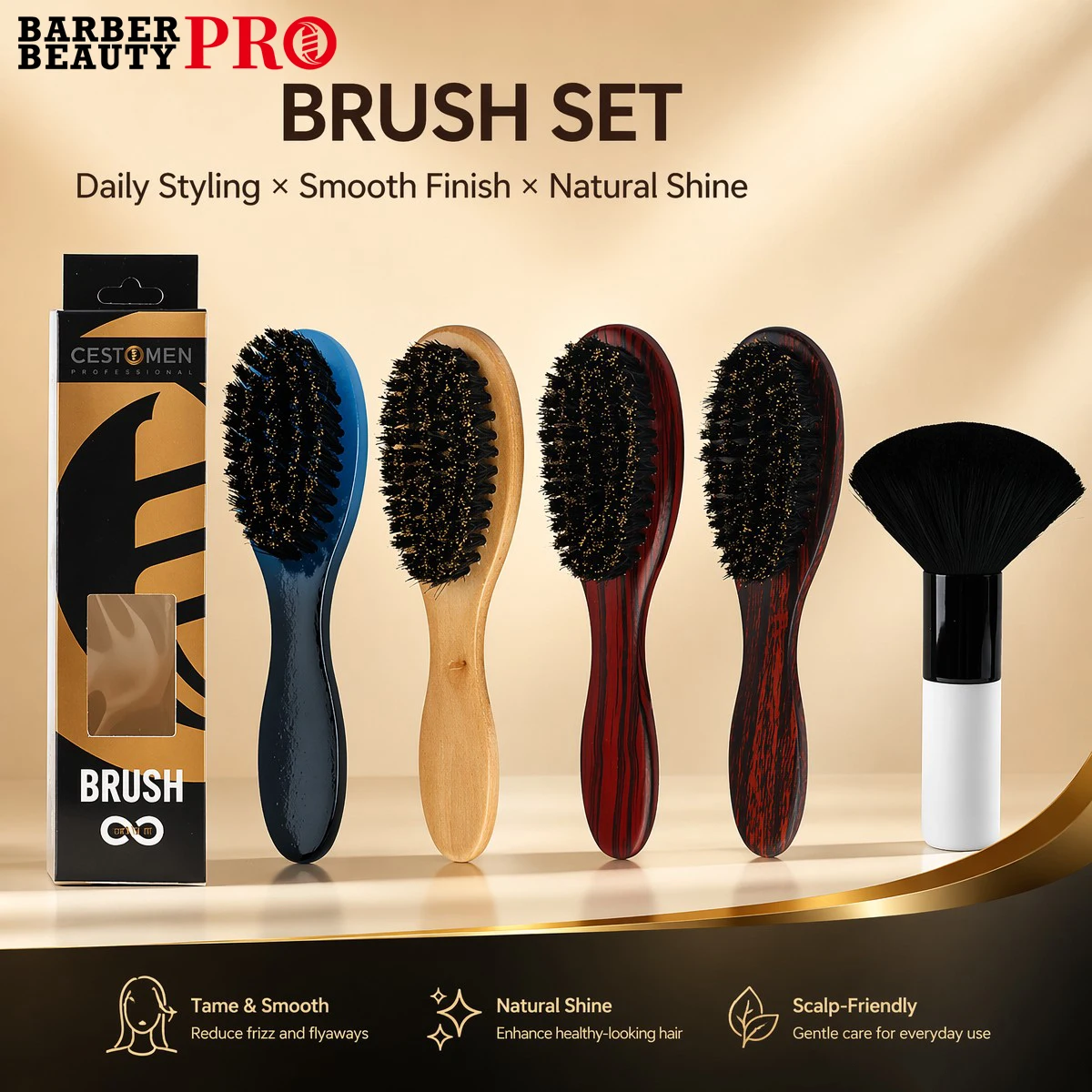 2pcs Boar Bristle Beard Brush Comb Wood Handle Neck Duster Brush for Men's Mustache Shaving Face Massage Facial Hair Cleaning