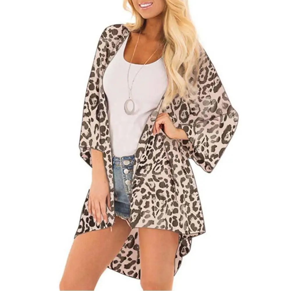 Women Floral Leopard Print Half Sleeve Shawl Cardigan Bikini Cover Up Blouse Top