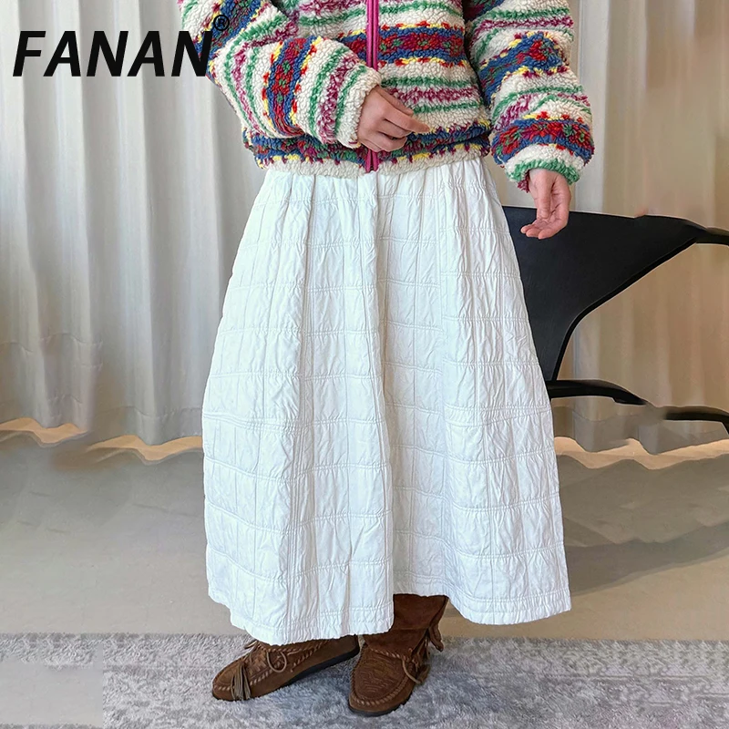 

FANAN Minimalism Korean Style Elastic High Waist Skirt For Women A-line Thick Warm Cotton Skirts Office Lady Clothing Winter New