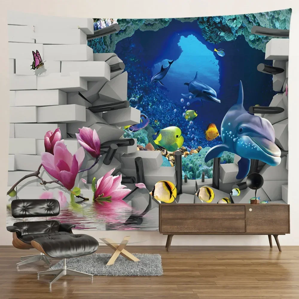 Dolphin Tapestry Underwater World Wall Hanging Kawaii Room Aesthetic Landscape Tapestry Blanket Children's Bedroom Decorations