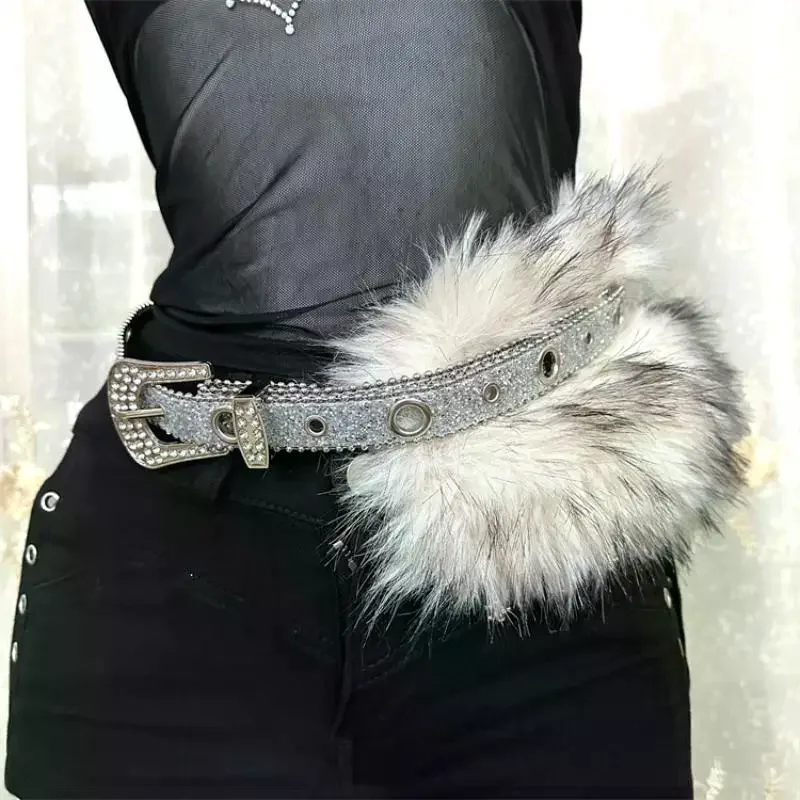 Vintage Faux Fur PU Leather Rhinestone Belt Y2K Furry Fur Gothic Punk Sexy Waistband Night Club Waist Chain Jeans Pants Decor
