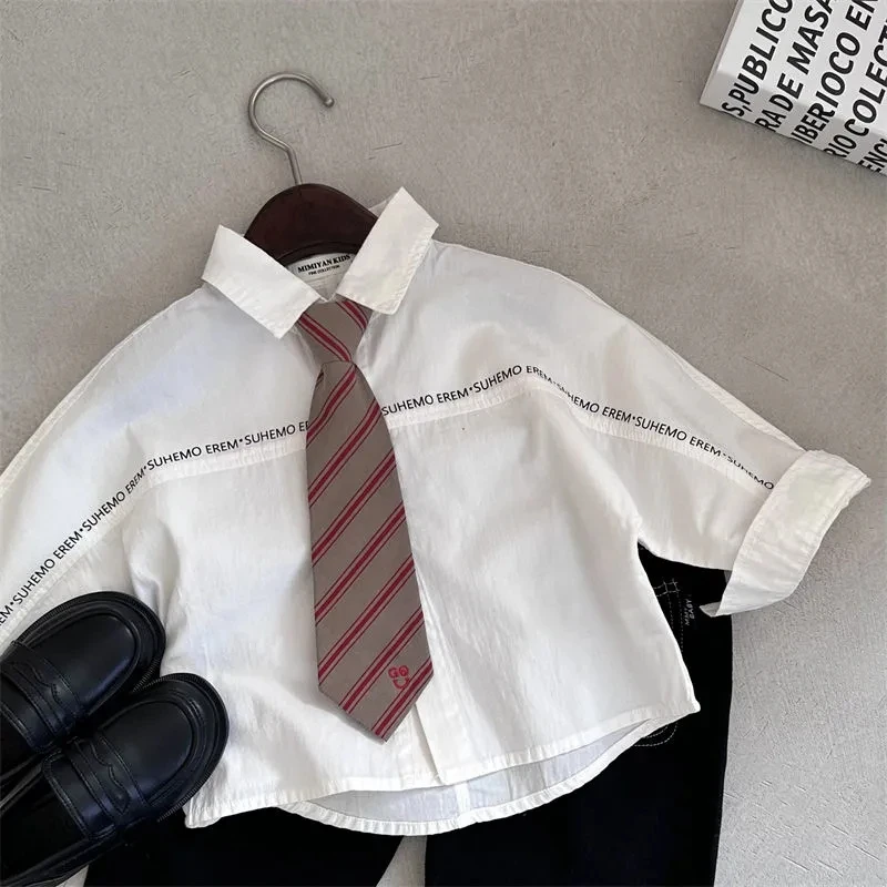 2023 Spring and Autumn New Boys and Girls' Shirts Fashion Children's Ties Long Sleeves Simple White Shirts Baby Academy Style