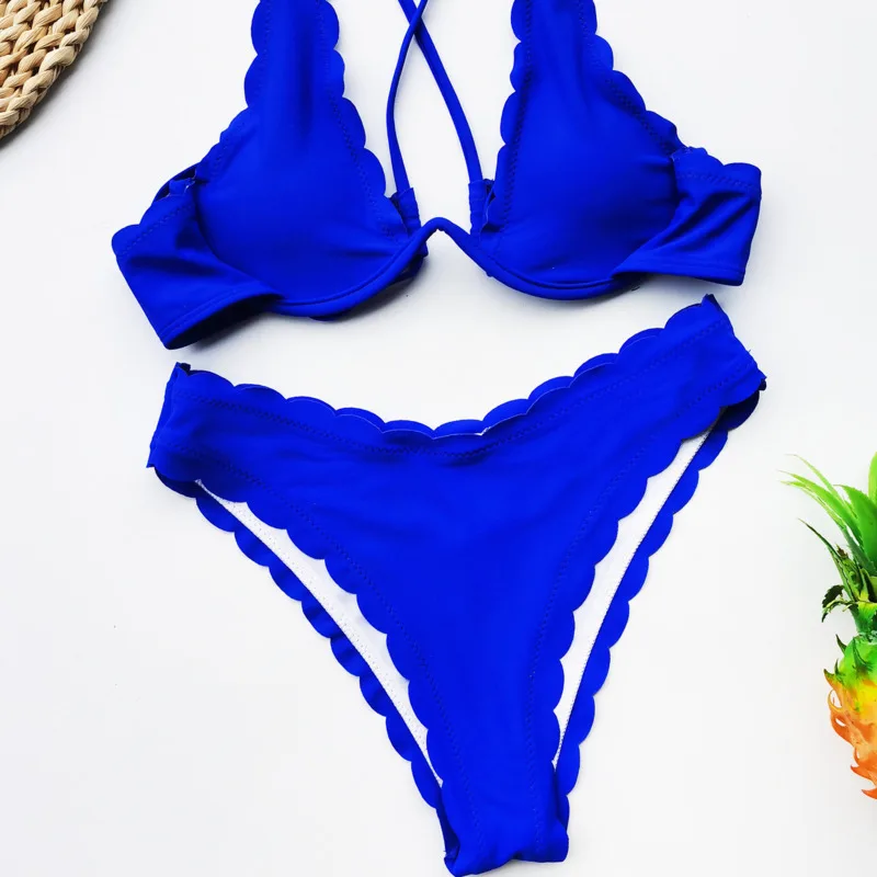 Sexy Ruffle Thong Swimwear Girl Summer Push Up Biquini Dwuczęściowe kostiumy kąpielowe Underwire Bikini Set Micro Solid Swimsuit Women