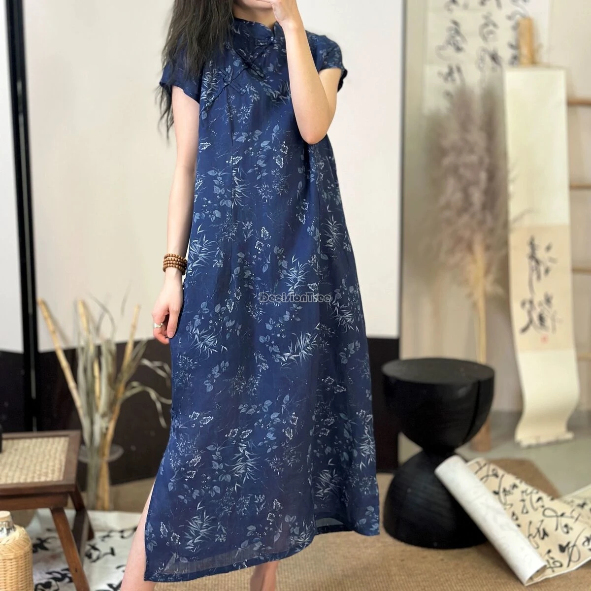 2024 retro improved loose daily qipao breathable cool comfortable cotton linen qipao chinese style printing literature art dress