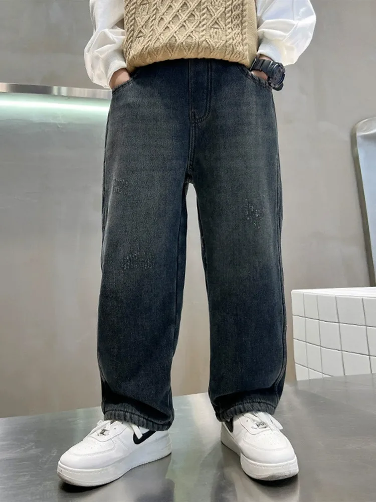 

Boys Jeans Stright Pants For Spring Autumn 2025 New Fashion Elastic Waist Solid Back Pockets Teenagers Clothes Trousers Black