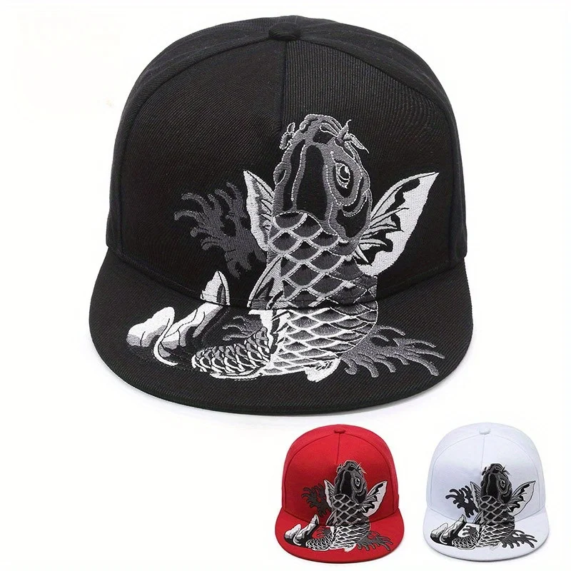 

Adjustable Flat Brim Baseball Cap Embroidered Koi Design Chinese Style Hip Hop Hat Unisex Street Dance Fashion Sun Protection