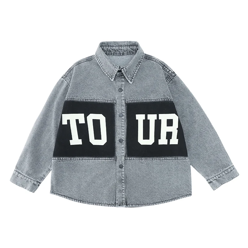 سترة جينز رمادية للأولاد لعام 2025 معطف جينز قطني غير رسمي للأطفال وصل حديثًا سترة فضفاضة للربيع والخريف للأطفال بعمر 5-14 سنة #4