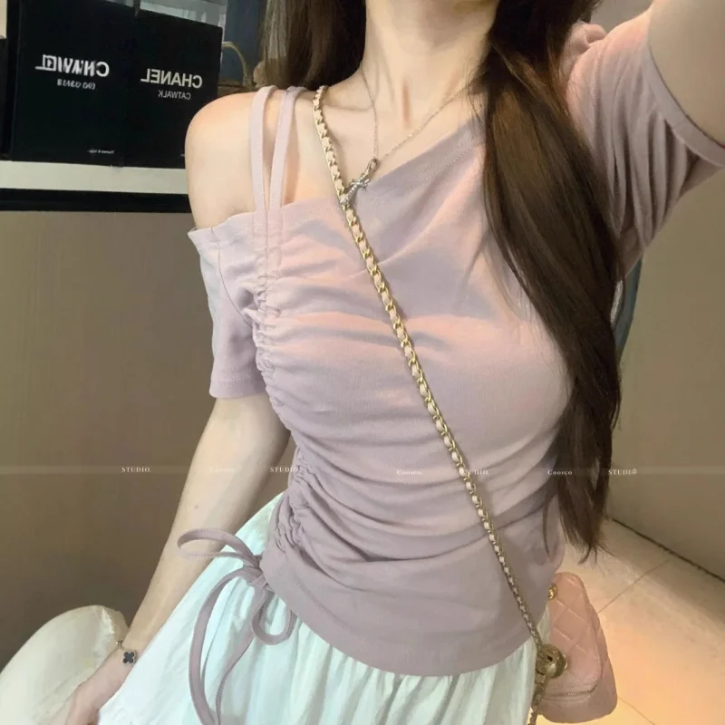 

Летний уникальный размер больших размеров для Chubbymm Асимметричный шнурок на плечах с коротким рукавом2025Design Sense, закрывающий талию, для похудения Pure Des