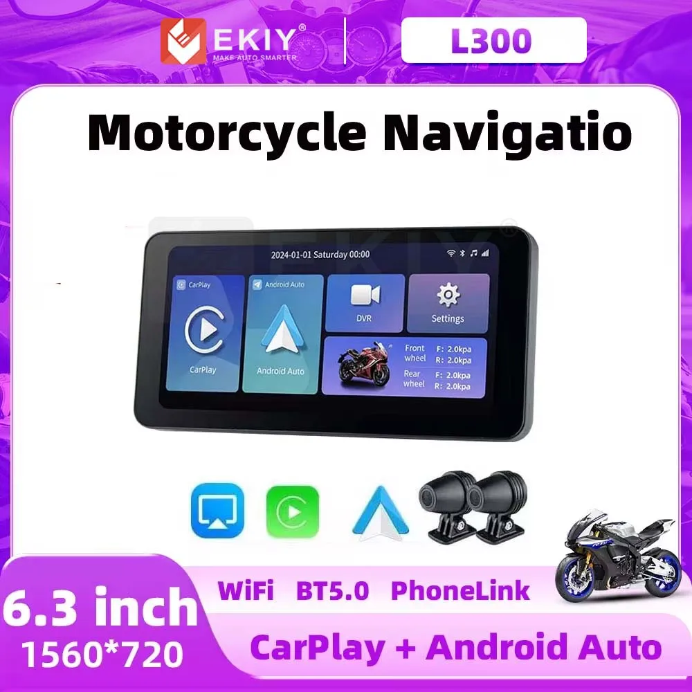 EKIY 6.3inch  GPS Navigation Motorcycle IPX7 Waterproof  CarPlay Display Screen Portable Motorcycle Wireless Android Auto