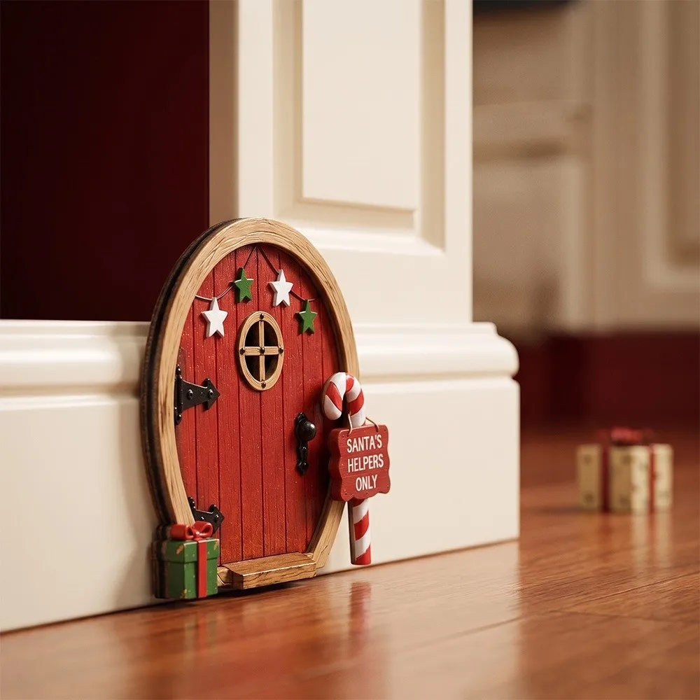 Craft Wooden Christmas Dwarf Elf Door Mini Funny Fairy Garden Gate Creative Dollhouse Home Decorations Xmas Decor