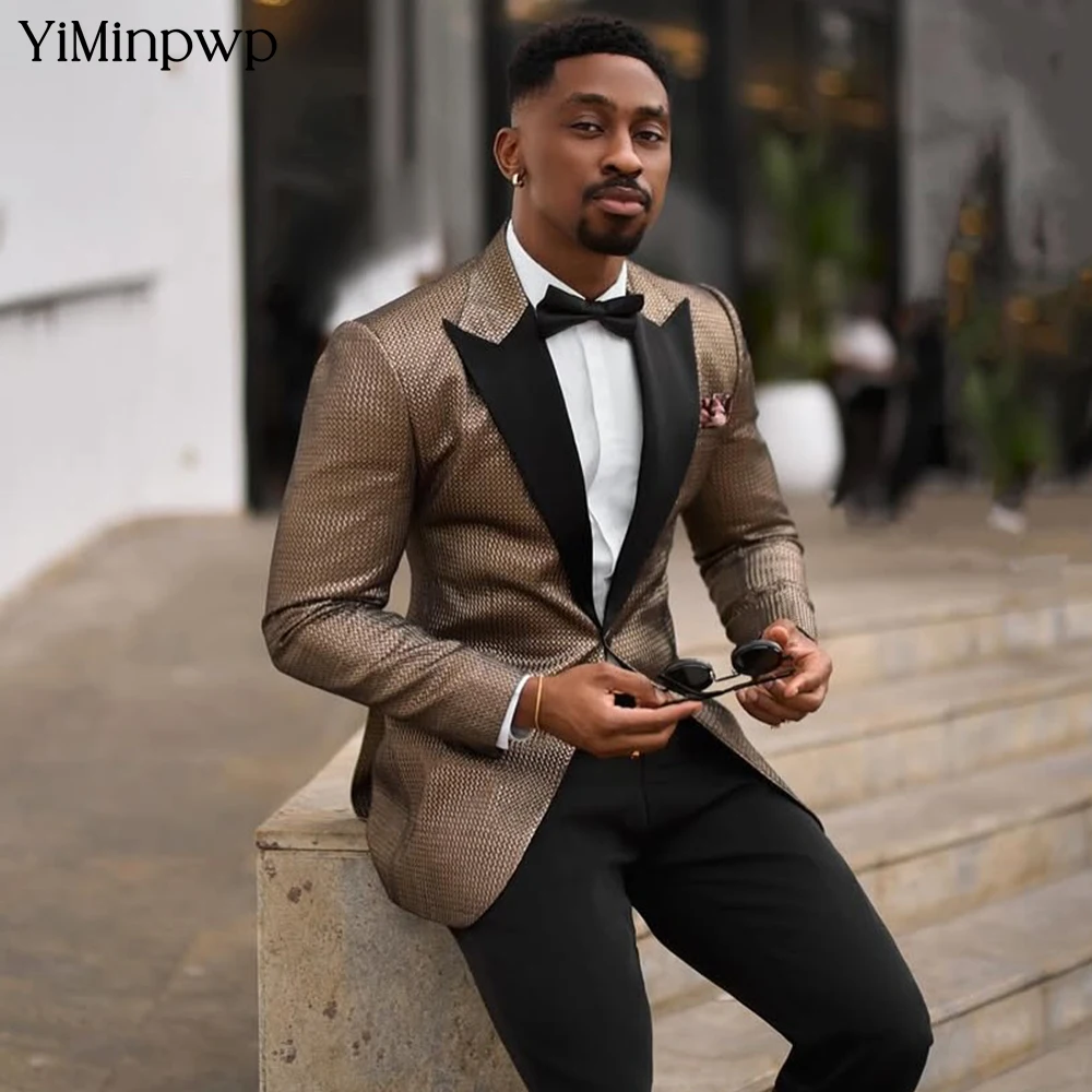 

YiMinpwp Brown Men's Suits Peak Lapel Satin 2 Piece Party Prom Suit Formal Business Slim Fit Suit Men's Clothing XS-5XL