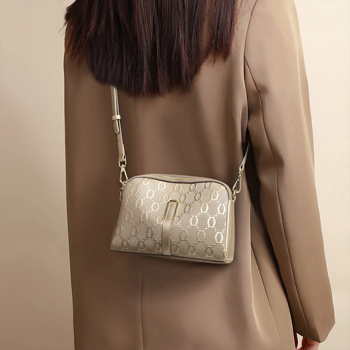 FOXER Split Leather Women's Crossbody Bag Classic Monogram Shoulder Bag Adjustable Strap Lady Purse For Daily Commute image 2