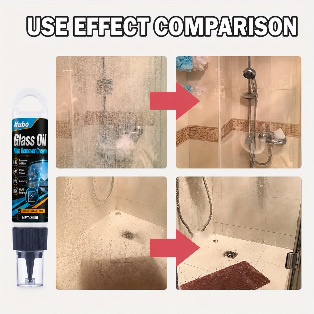 Ifubo Glass Oil Film Remover Cream For Car Windshield Bathroom Mirror Window Cleaning Anti Fog Clear Vision Safe Formula 30Ml