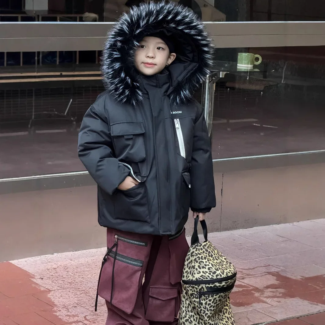 Boys Coat 2024 Winter New Childrens Wear Korean Style Boy Hooded Imitation Big Rabbit Fur Collar Parker Cotton-padded Jacket