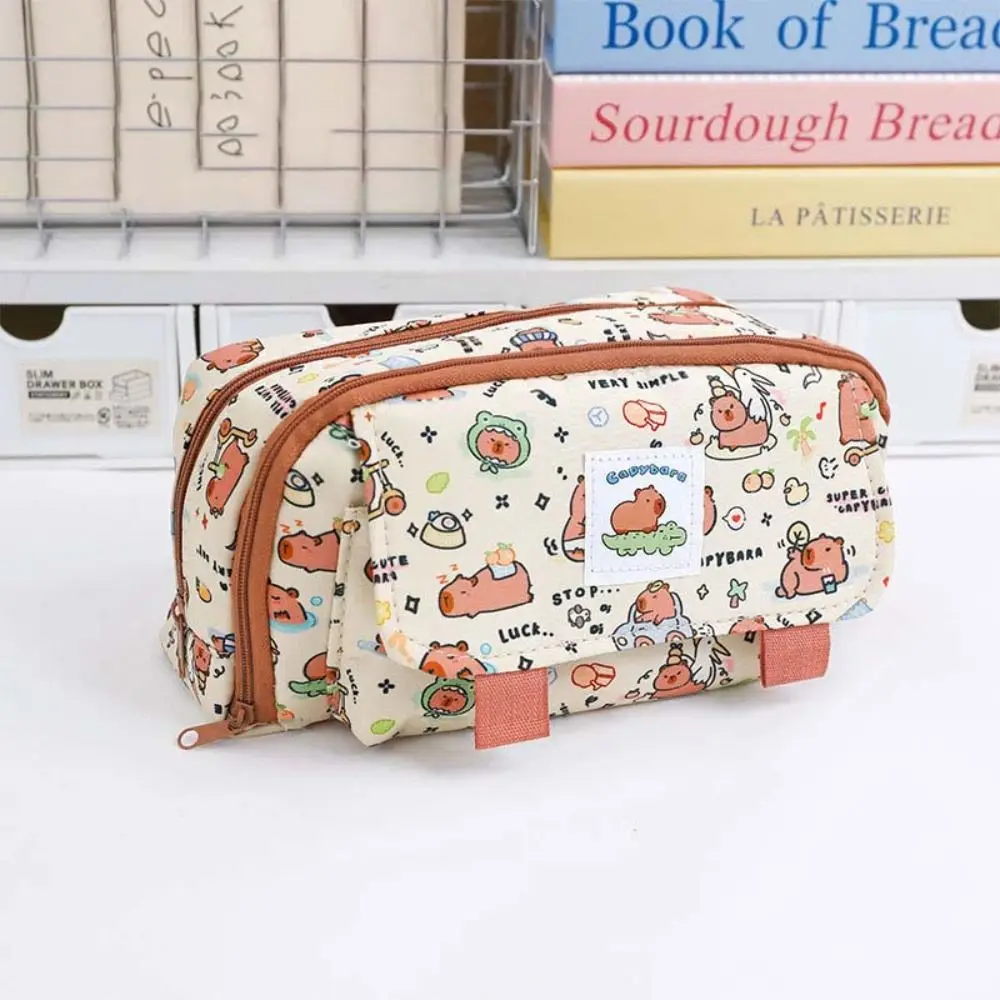 Multi Layer Capybara Canvas Pen Bag Large Capacity Storage Bag Capybara Pencil Case Animals Cartoon Capibara Plush Pencil Pouch