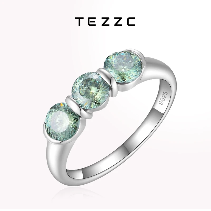 Tezzc 5mm Round Green Moissanite Ring 925 Sterling silver Ring Classic For Women GRA Certified Diamond Engagement Ring Fine Gif