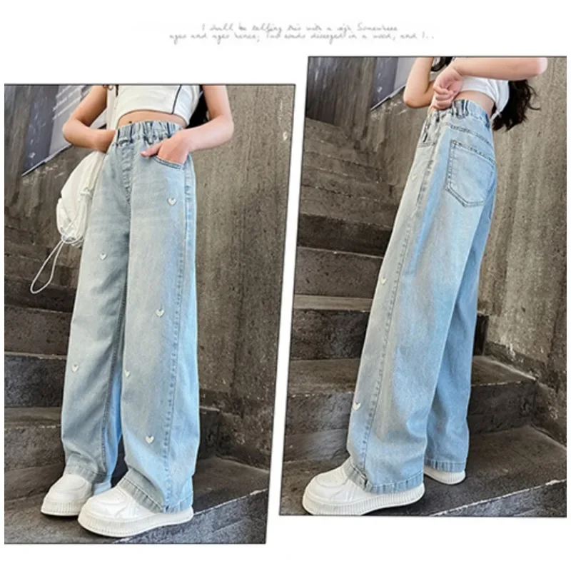 2024 Summer Explosions Thin Jeans Embroidered Wide-leg Pants, Girls and Children Light Blue Love Embroidered Loose-leg Jeans.