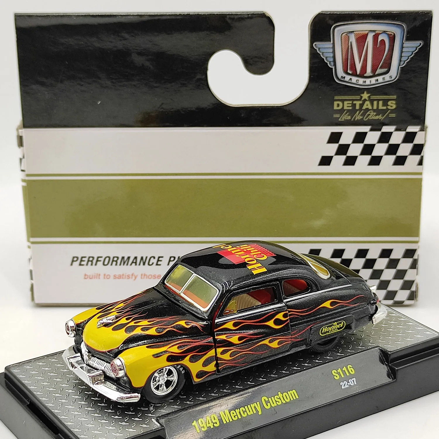 

Diecast M2 1/64 Scale 1949 Mercury Custom Yellow Flame Alloy Car Model Collectible Toy Gift Souvenir Display Ornament