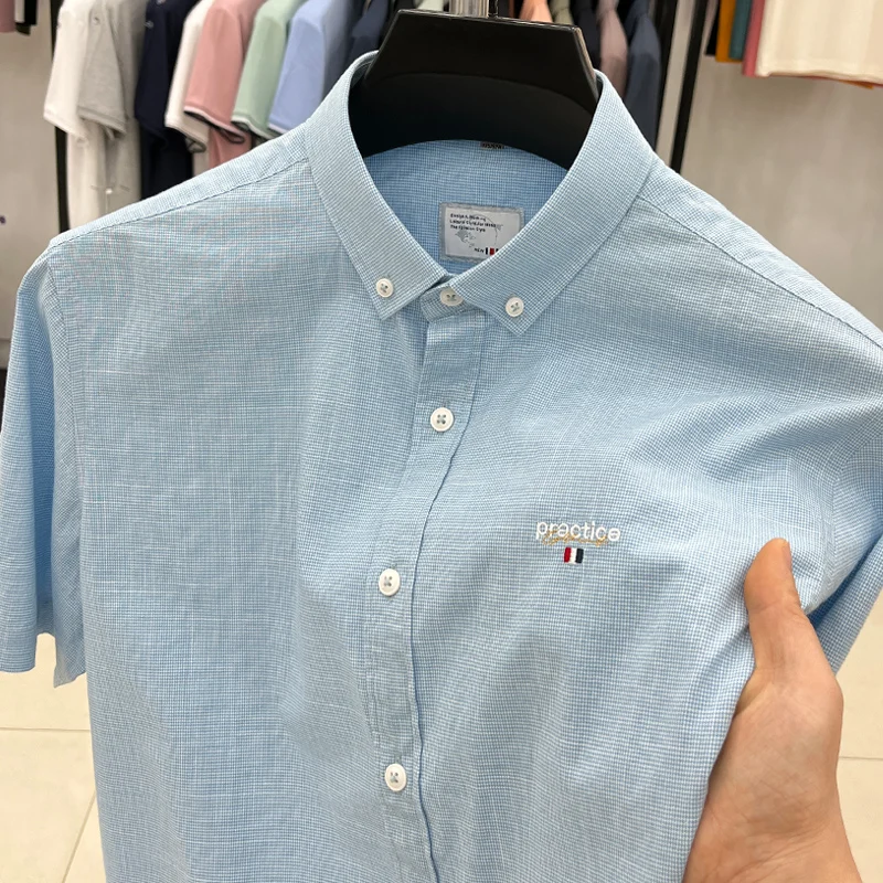 100%Cotton High Grade Men's Shirts Lapel Embroid Plaid European Trend Fashion Casual Versatile Shirt Summer New Trend Menswear