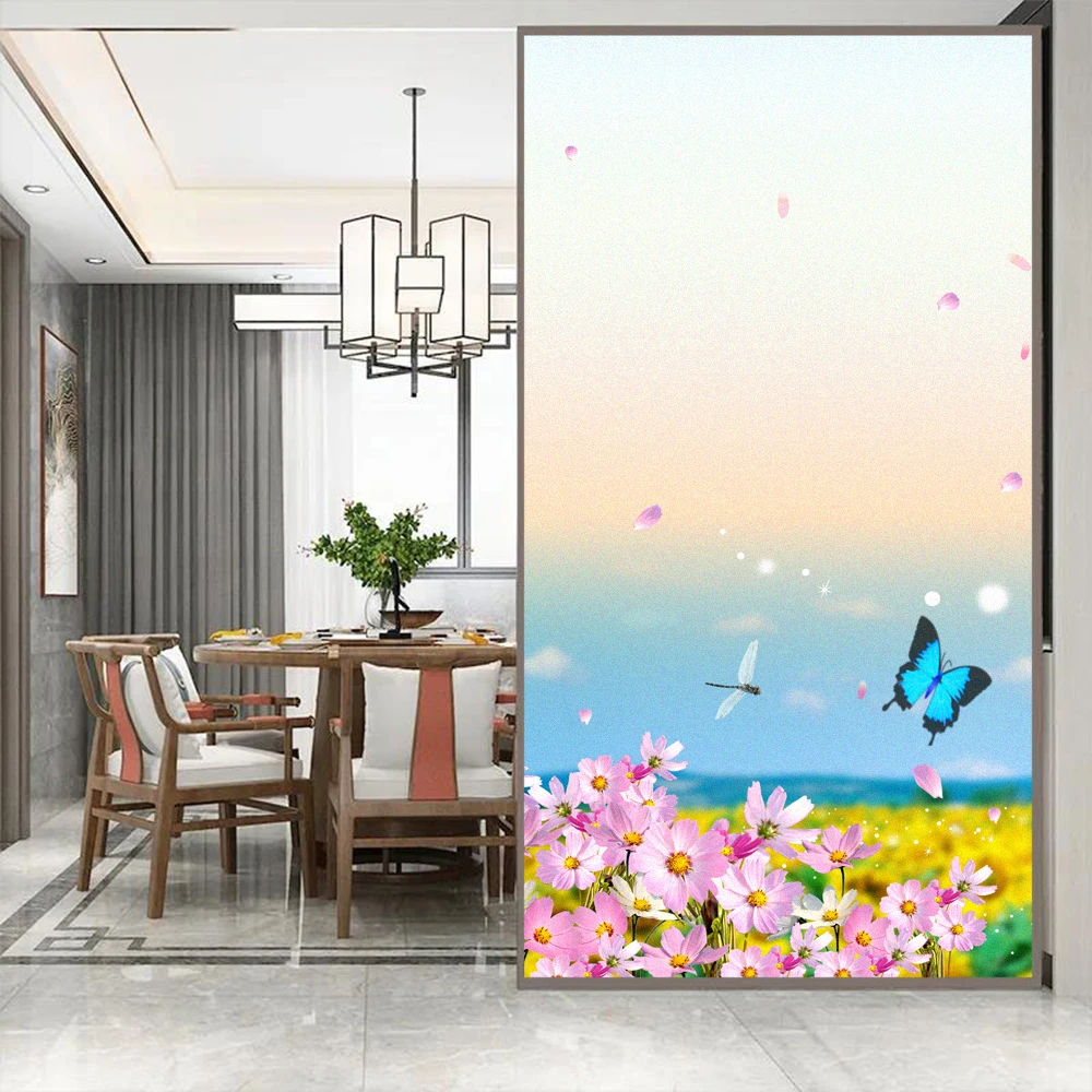 Privacy Window Film Flower Pattern Window Decoration No Glue Static Cling Frosted Glass Sticker for Home