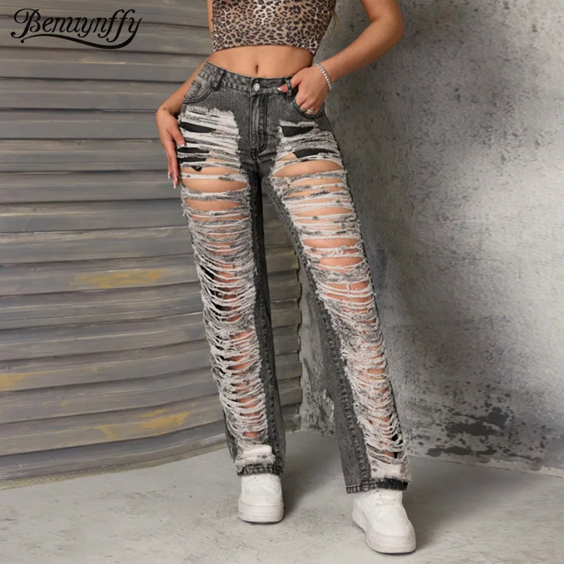 

Benuynffy американская уличная одежда рваные джинсовые брюки со средней талией женские прямые свободные джинсы в стиле ретро Bf универсальные брюки