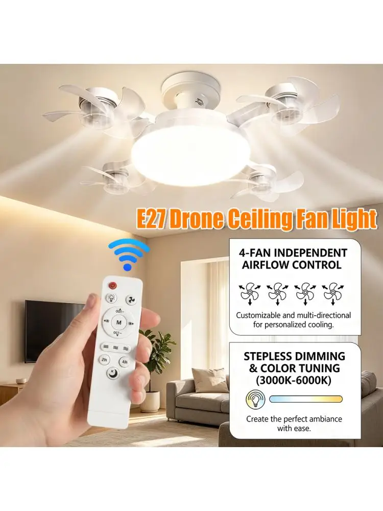 3/4/5-flügeliger Deckenventilator im Drohnen-Stil mit E27-Fassung, 2-in-1, AC85-265V, dreifarbige LED-Ventilatorlampe mit Fernbedienung für Zuhause und Restaurant