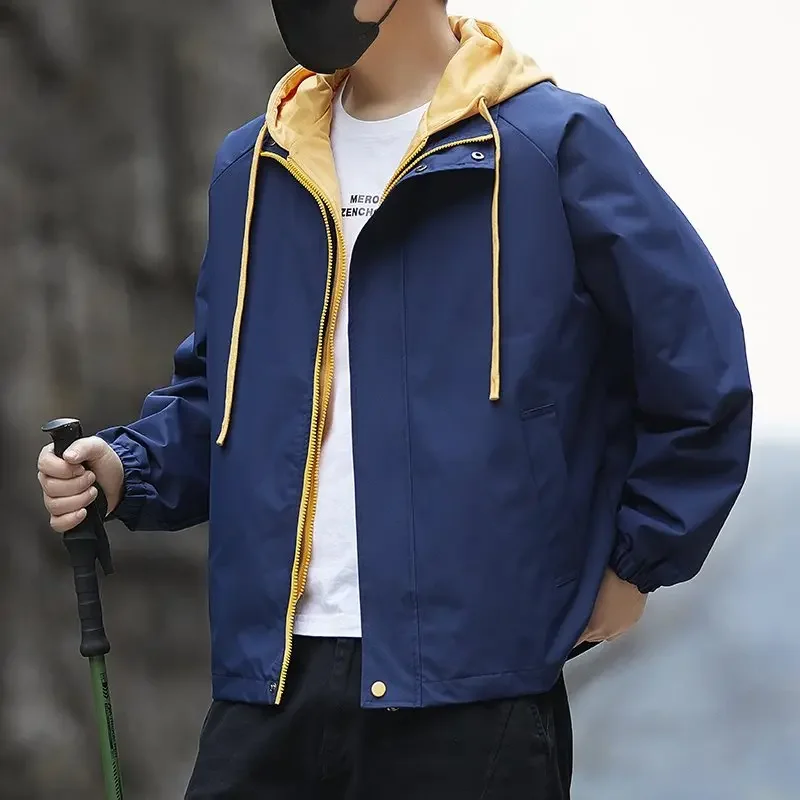 Fake Two Piece Hooded Jackets Men Autumn Loose Fit Windbreaker Outerwear Workwear Coats Man Zipper Closure Patchwork Work Jacket
