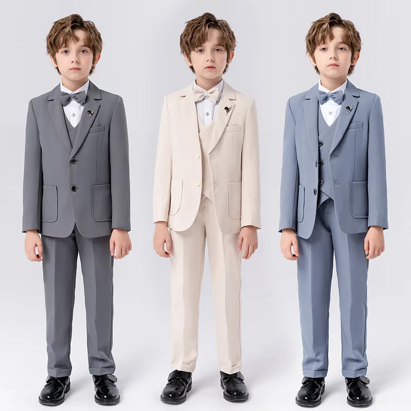 Flower Boys Beige Piano Party Dress Prince Kids Graduation Ceremony Photograph Suit Gentle Child Host Performance Dance Costume