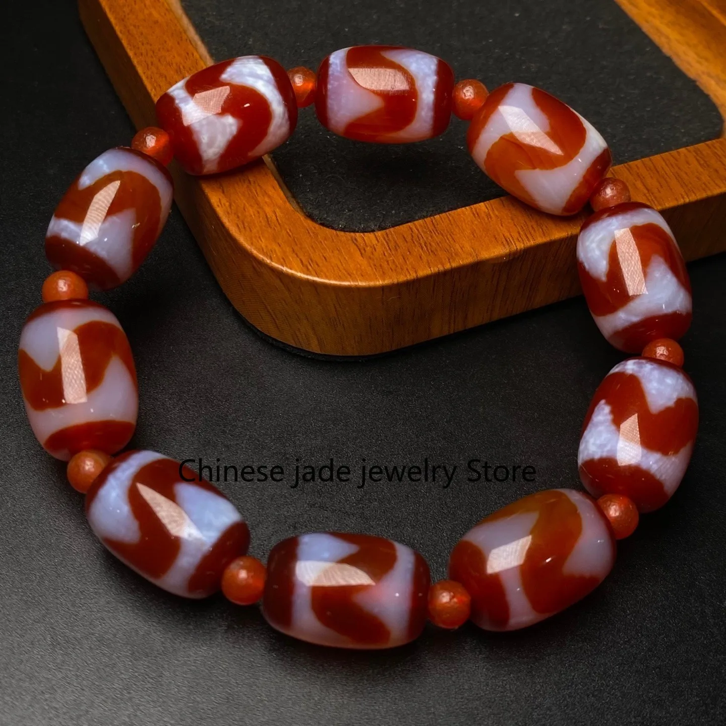 Rare Tibetan Buddhism Agate Tiger Tooth Totem Dzi Beads Amulet Bracelet Z3669