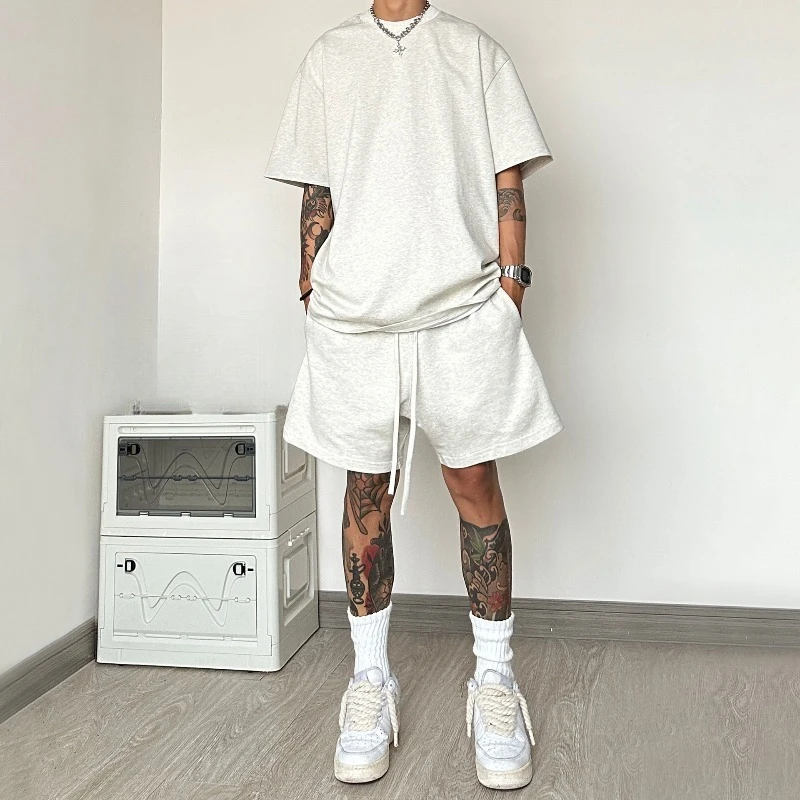 

305G тяжелая однотонная футболка с короткими рукавами и небольшим вырезом, мужские летние шорты 425G, спортивный и повседневный свободный костюм