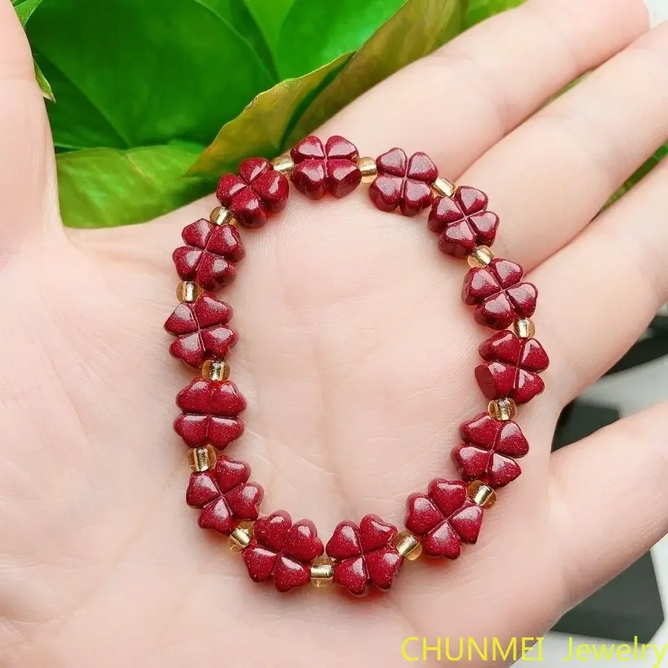 Natural Stone Cinnabar Lucky Four-leaf Clover Bracelet High Content Purple Gold Sand Women Bracelet Cinnabar Bracelet Femmes