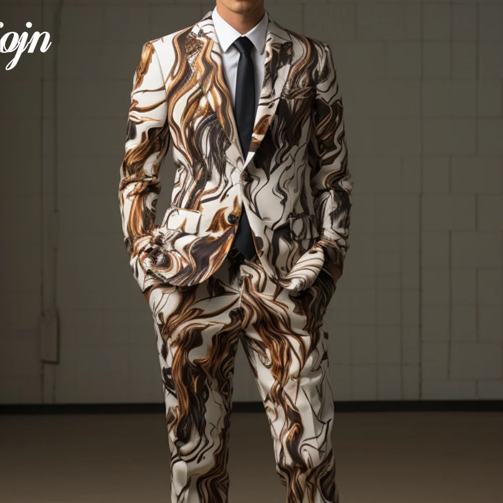 Popular 3D Printed Men Suit Set 2PCS Attractive Peak Lapel Suit Wear Classic single-breasted Performance Suit blazer masculino