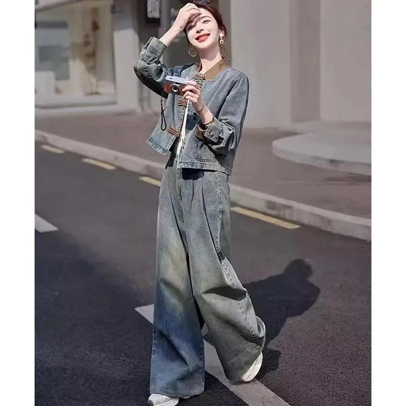 

Spring Female Leisure Jeans Two-piece Suit 2025 Women Fashion Cowboy Wide Leg Pants 2PCS Korean Ladies Long Sleeves Denim Outfit