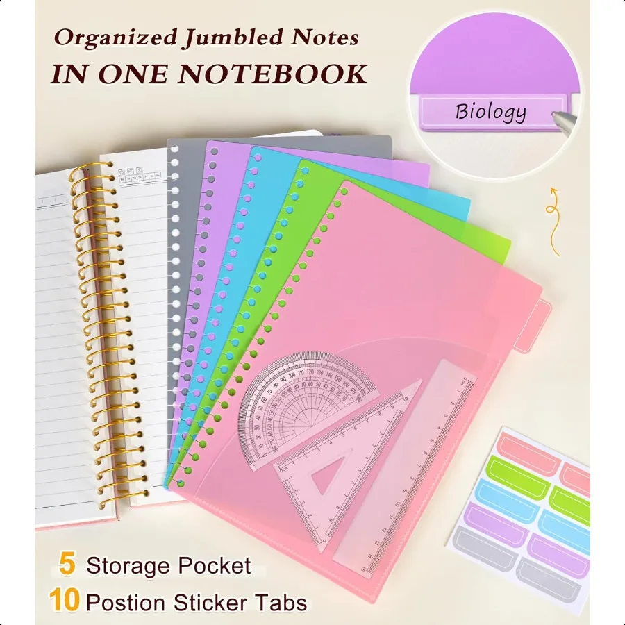 5 موضوع دفتر كلية مسطرة A5 دفتر دوامة بغلاف مقوى مع علامات تبويب فواصل الجيب القابلة للإزالة 240 صفحة رحلة حلزونية مبطنة