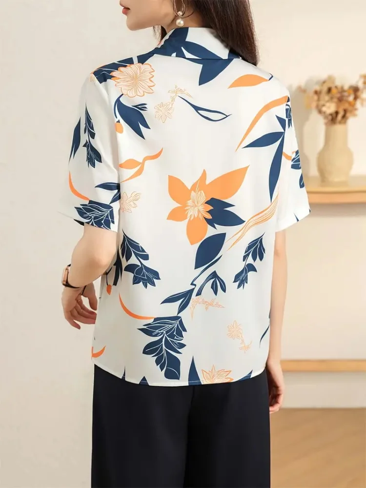 Printed Button-Down Shirt Elegant Lapel Short-Sleeved Shirt Loose Breathable Comfortable Wrinkle-Free Spring/Summer Women