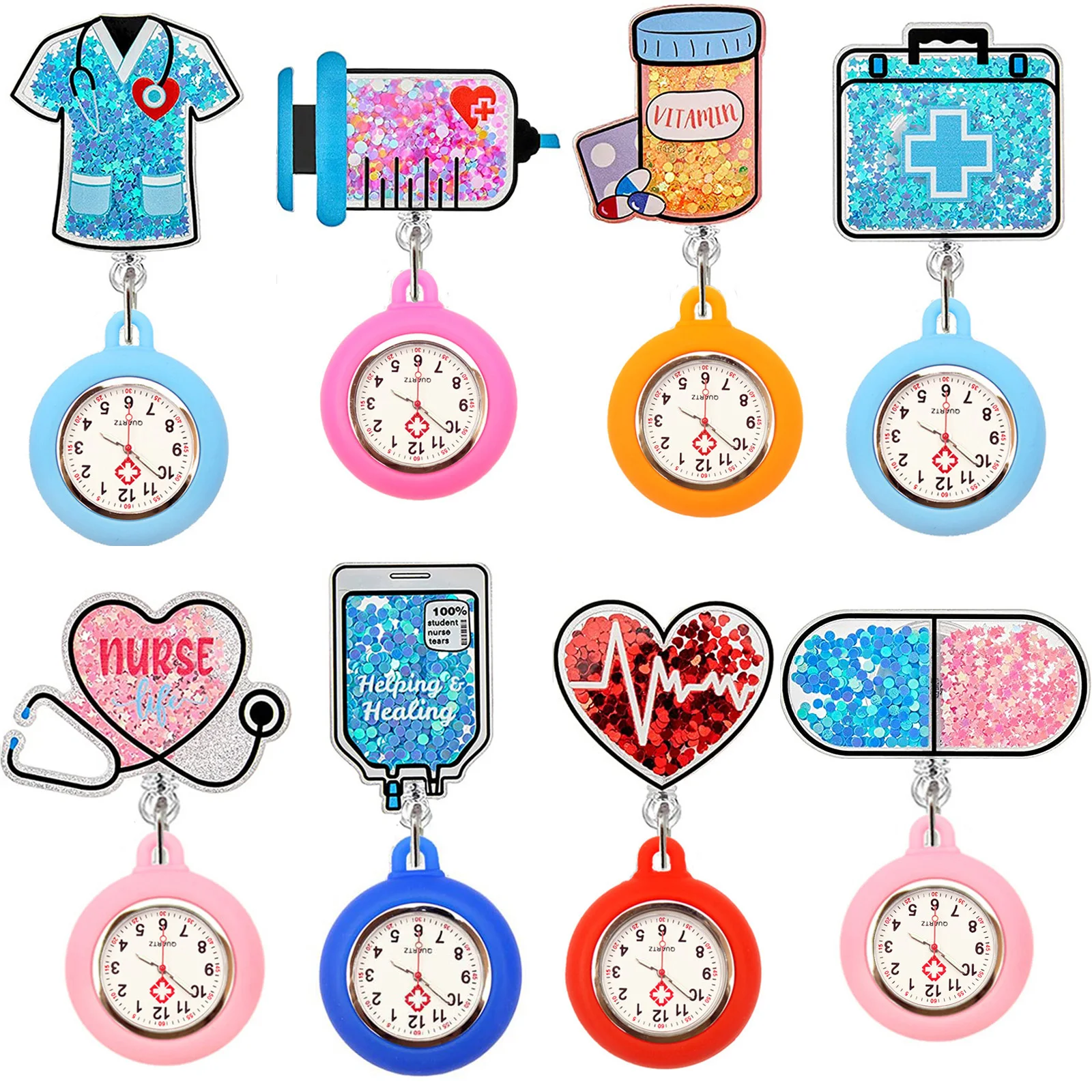 Quicksand Stars Hospital Acrylic Injector & Stethoscope Retractable Nurse Doctor FOB Pocket Watches Clip Hang Medicine Clock